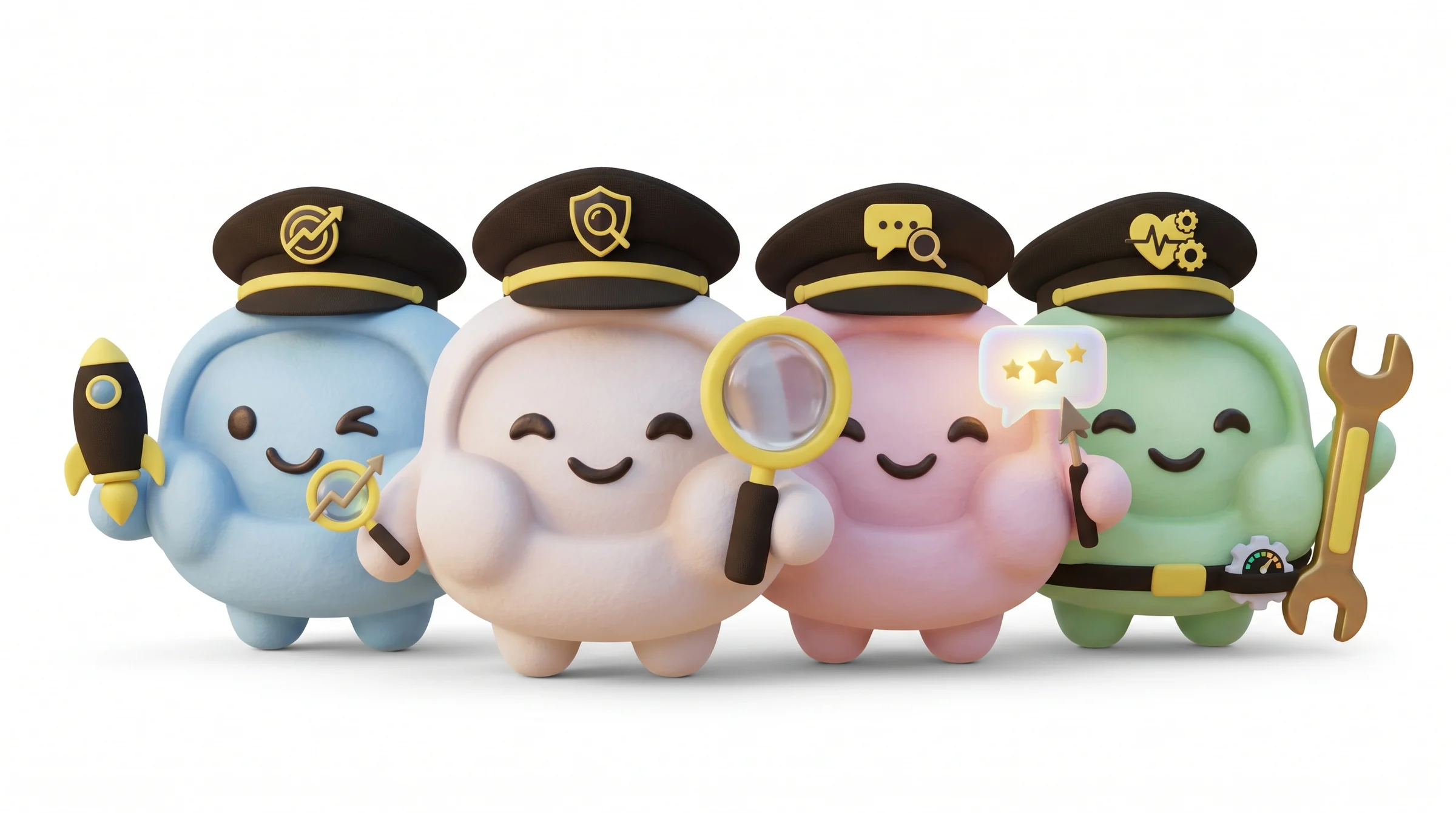 The four Audibi agents standing together: Zippy — SEO Audit holding a rocket, Nox — Security Audit with a magnifying glass, Pip — Answer Engine Optimization with a review bubble, and Tiko — Technical Audit with a wrench.